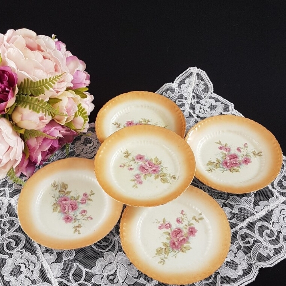 5pc Hand Painted 5 inch Floral Side Plate Set Victoria Works Austria Early 1900s